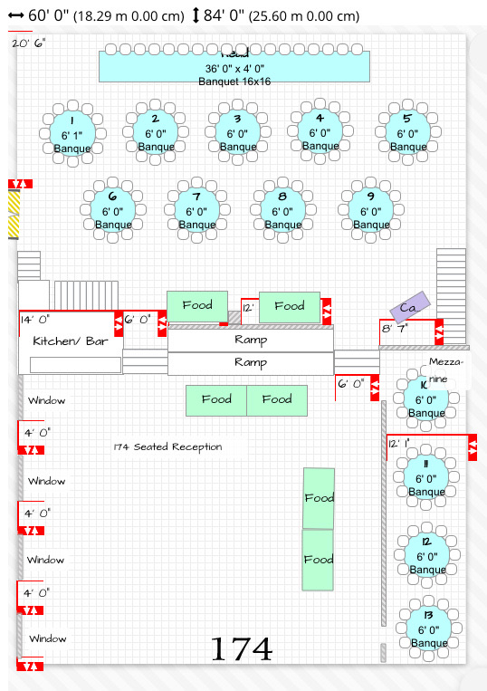 Reception floor plan for 174 guests, round tables numbered across the ballroom with the dance floor and buffet marked.