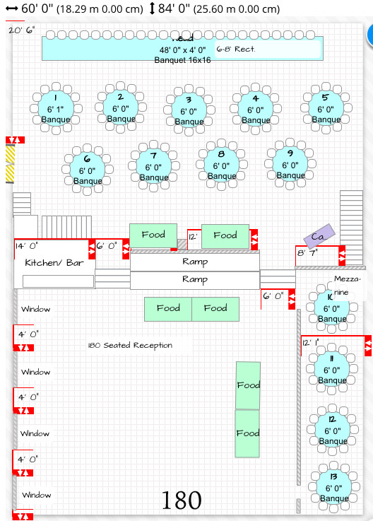 Reception floor plan for 180 guests, second arrangement: round tables numbered across the ballroom with the dance floor and buffet marked.