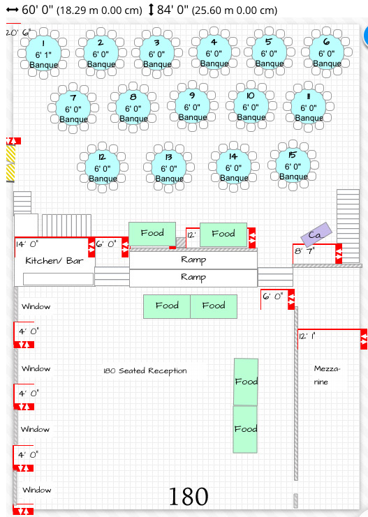 Reception floor plan for 180 guests, third arrangement: round tables numbered across the ballroom with the dance floor and buffet marked.