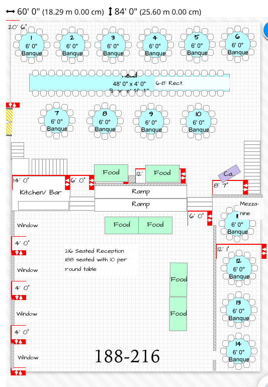 Reception floor plan for 188 to 216 guests, round tables numbered across the ballroom with the dance floor and buffet marked.