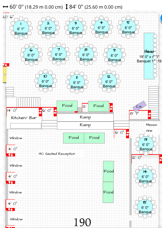 Reception floor plan for 190 guests, round tables numbered across the ballroom with the dance floor and buffet marked.