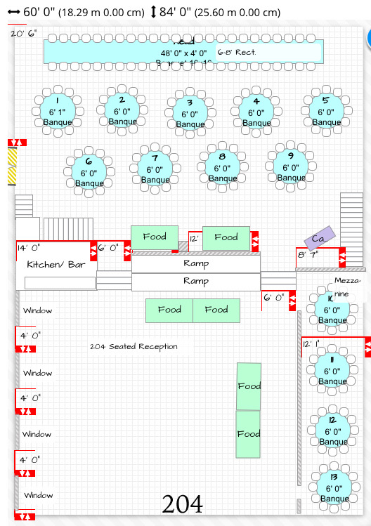 Reception floor plan for 204 guests, round tables numbered across the ballroom with the dance floor and buffet marked.