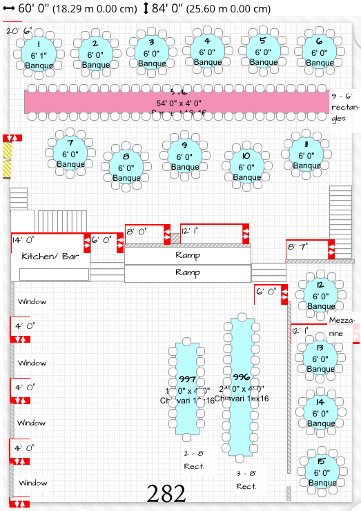 Reception floor plan for 282 guests, second arrangement: round tables numbered across the ballroom with the dance floor and buffet marked.
