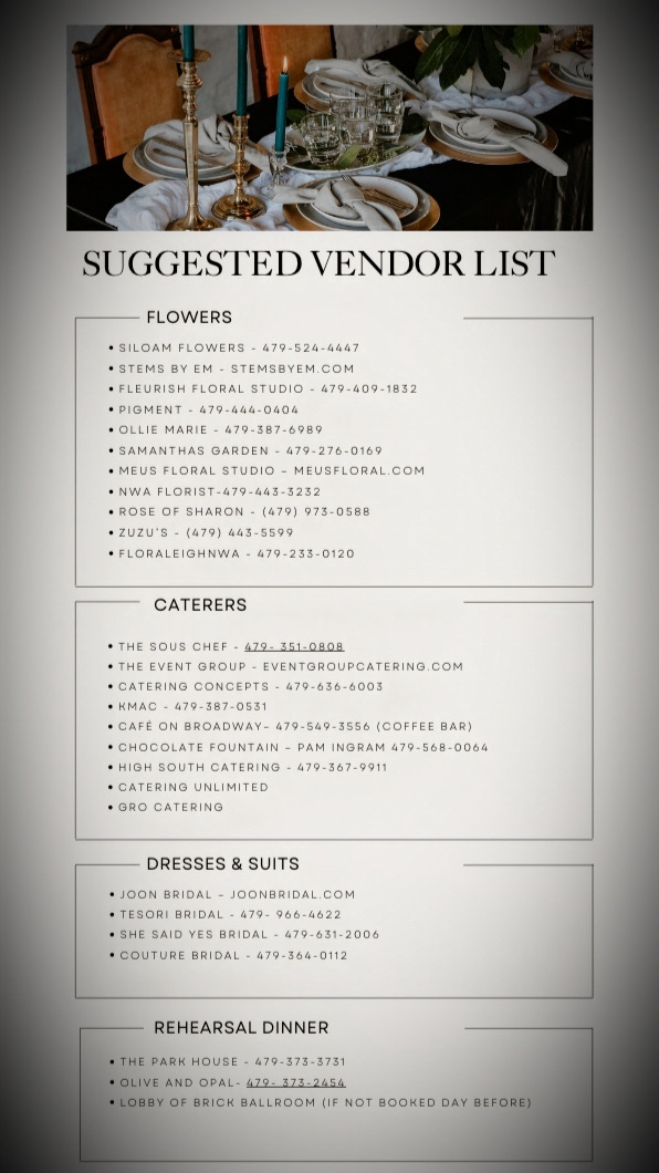 The cover page of the Brick Ballroom suggested vendor list.